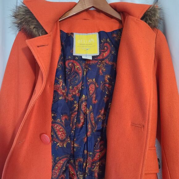 Delias Women's Pea Coat Double Breast Lined Fur Trim Hood Orange L - Picture 7 of 9